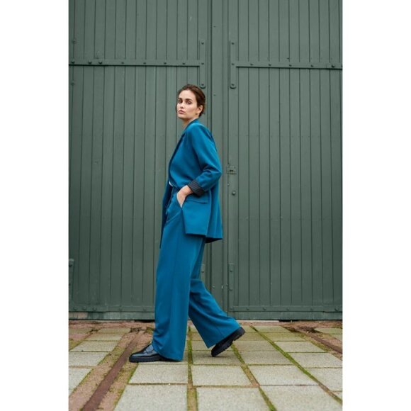 NWT KAFFE Kasolvej Teal Legion Blue High-Waisted Wide Pants - Picture 2 of 6